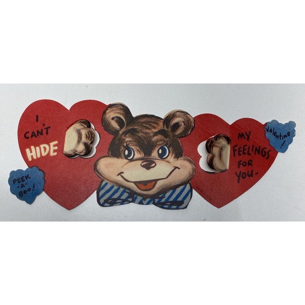 Vintage Mechanical Valentine Card Bear Red Hearts Peek-A-Boo Mid Century USA